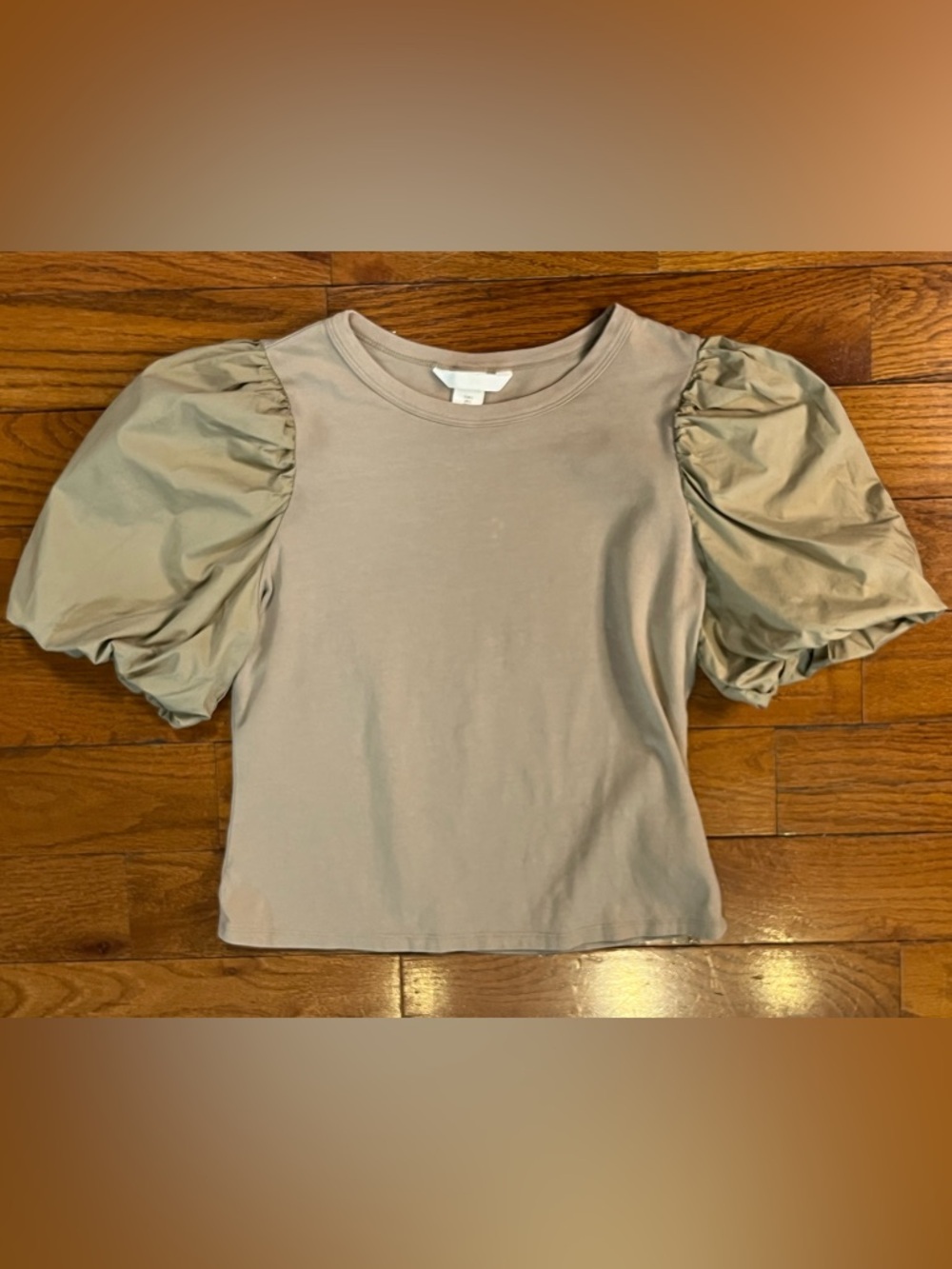H&M Womens Small Taupe Puff Sleeve Cotton Top Balloon Sleeve Elevated Basic Chic
